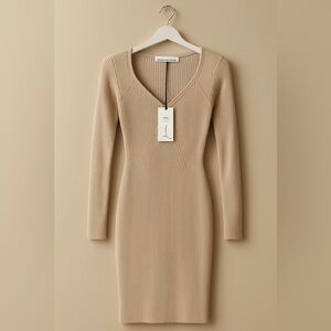 Cream Ribbed V-Neck Long Sleeve Bodycon Dress